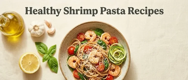 Overhead view of a bowl of healthy shrimp pasta with shrimp, tomatoes, and spinach, with the title Healthy Shrimp Pasta Recipes displayed above.