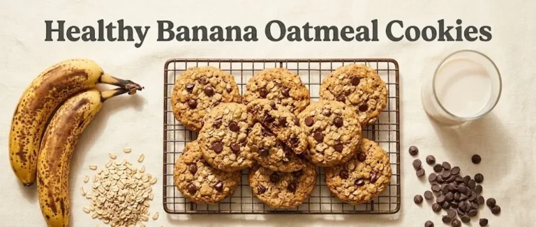 Overhead view of baked banana oatmeal cookies on a cooling rack with bananas, oats, and dark chocolate chips, with the title Healthy Banana Oatmeal Cookies displayed above.