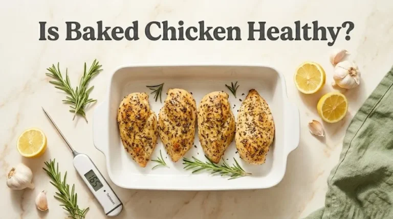 Overhead view of baked chicken breasts with herbs and a thermometer reading 165F, overlaid with the title Is Baked Chicken Healthy
