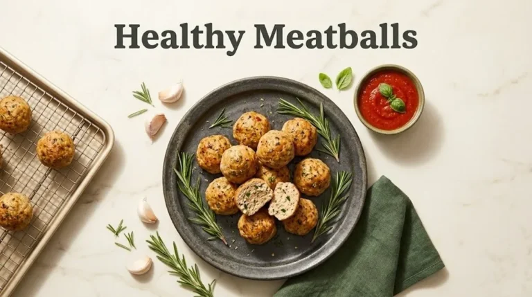 Overhead view of baked turkey meatballs on a platter with marinara sauce and herbs, with the title Healthy Meatballs displayed above.
