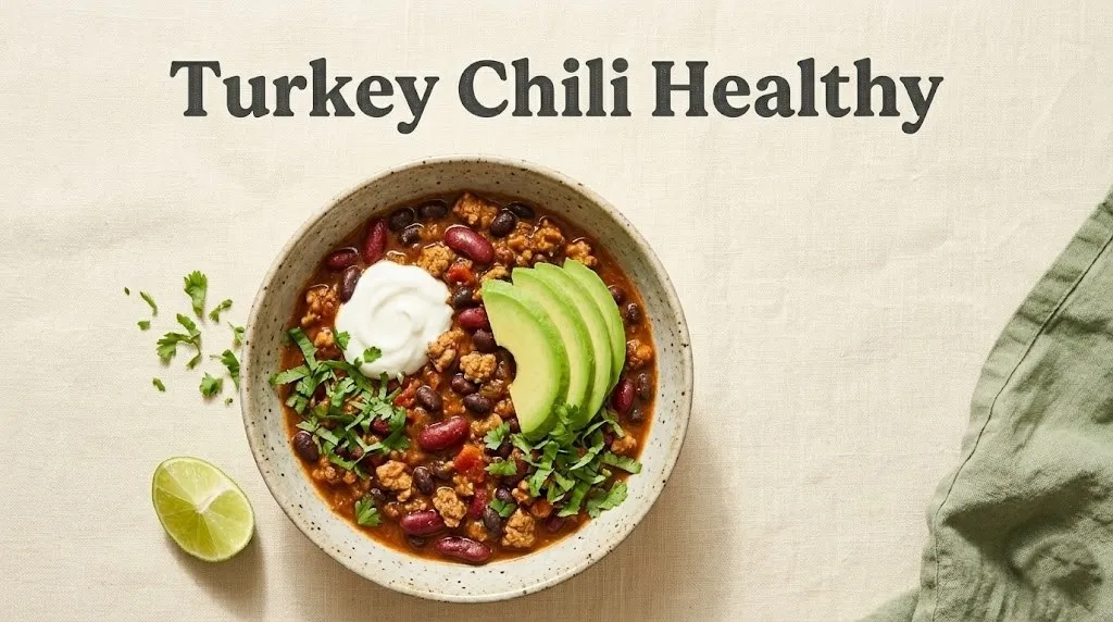 Overhead view of turkey chili in a bowl topped with yogurt and avocado, with the title Turkey Chili Healthy displayed above on a linen background.