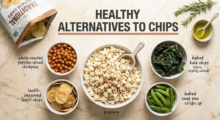 Popcorn, roasted chickpeas and lentil chips with pushed-aside bag of potato chips.Text reads Healthy Alternatives to Chips.