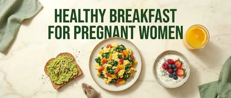 Pregnancy breakfast with eggs, avocado toast, yogurt parfait, and juice, text reading healthy breakfast for pregnant women.