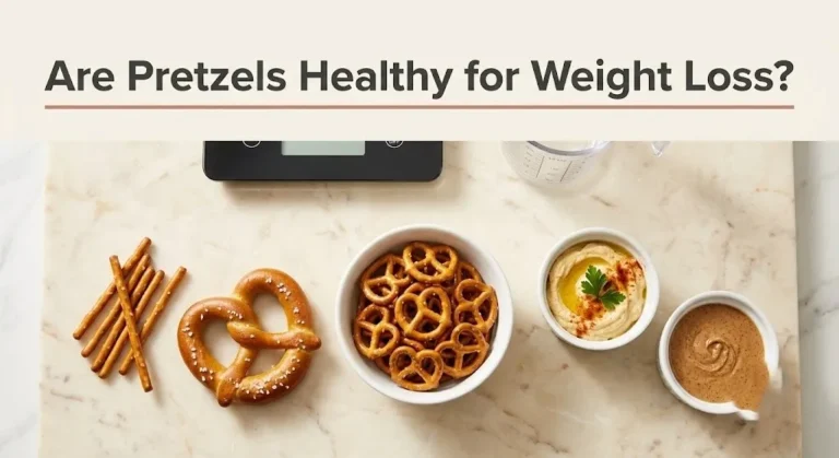 Pretzel varieties in a bowl with hummus and almond butter pairings. Text reads Are Pretzels Healthy for Weight Loss