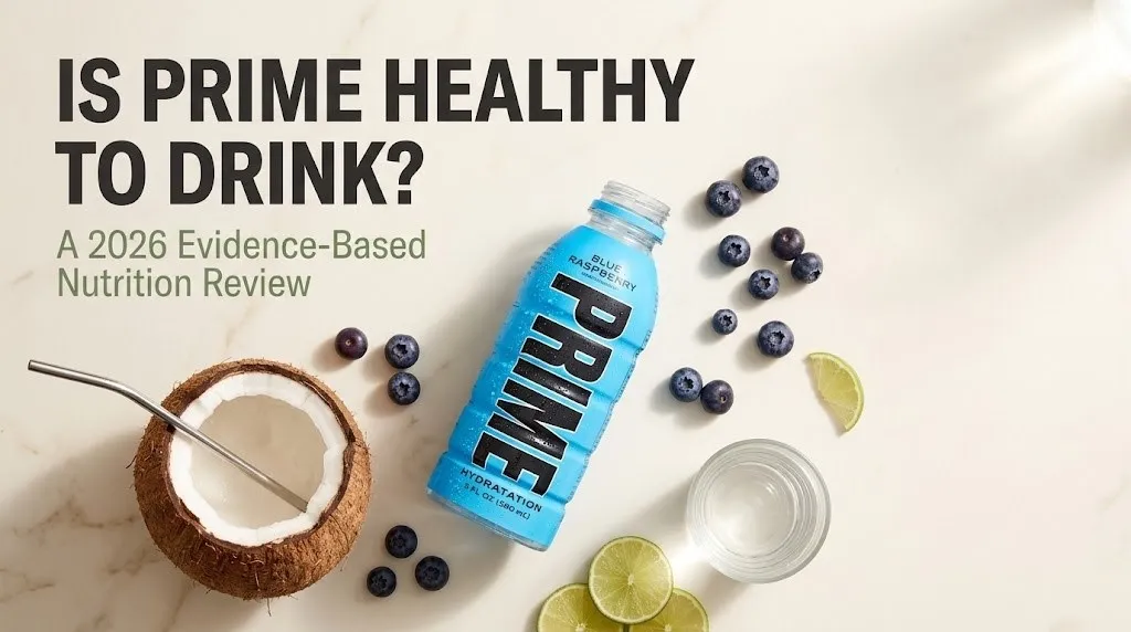 Prime Hydration Blue Raspberry bottle on marble with blueberries, coconut, and lime. Headline reads Is Prime Healthy to Drink