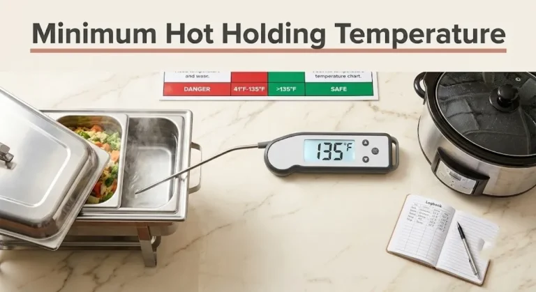 Probe thermometer reading 135°F with a chafing dish and temperature chart. Text reads Minimum Hot Holding Temperature.