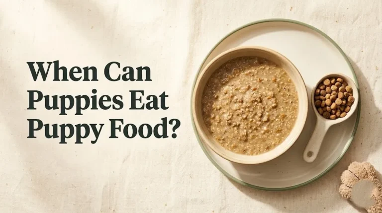 Puppy food bowl with soft gruel and dry kibble beside headline When Can Puppies Eat Puppy Food on cream background
