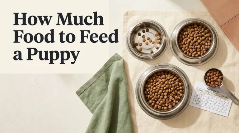 Puppy food bowls with measured portions and a feeding chart showing how much food to feed a puppy by size