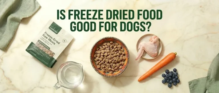 Rehydrated freeze-dried dog food in a bowl with raw ingredients, text is freeze dried food good for dogs.