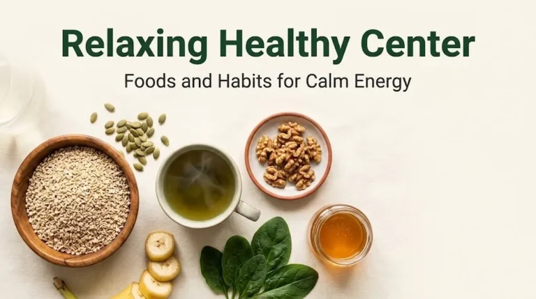 Relaxing healthy center foods including oats, pumpkin seeds, green tea, and walnuts on a clean flat-lay banner