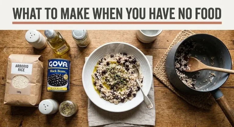 Rice and beans in a bowl with rice bag, canned beans and salt. Text reads What to Make When You Have No Food.