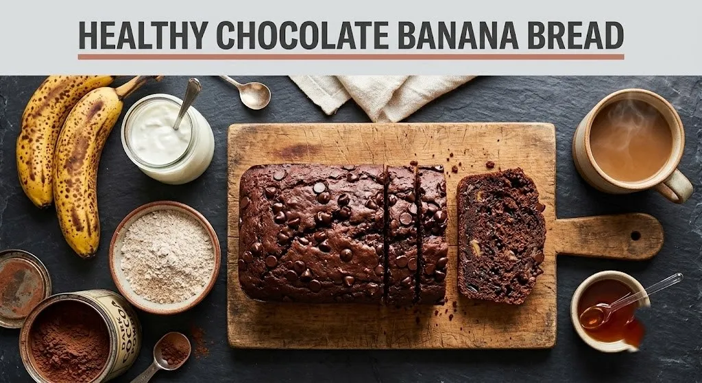 Sliced chocolate banana bread with overripe bananas and maple syrup. Text reads Healthy Chocolate Banana Bread.