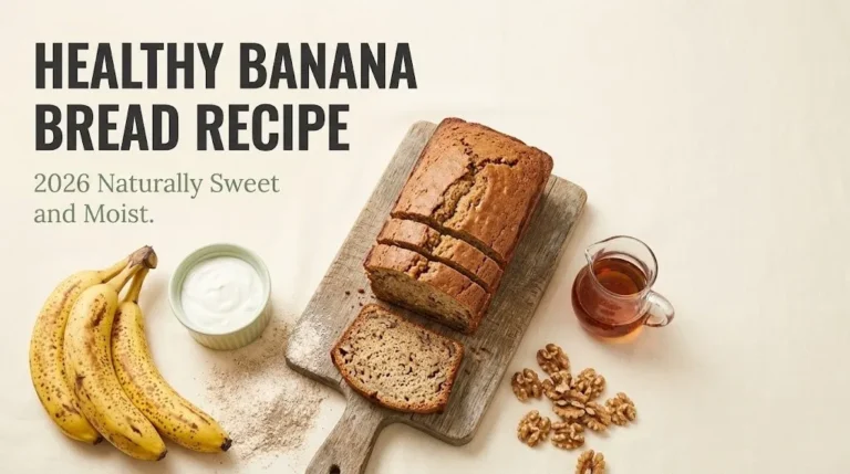 Sliced healthy banana bread on cutting board with ripe bananas, Greek yogurt, whole wheat flour, and walnuts. Headline reads Healthy Banana Bread Recipe.
