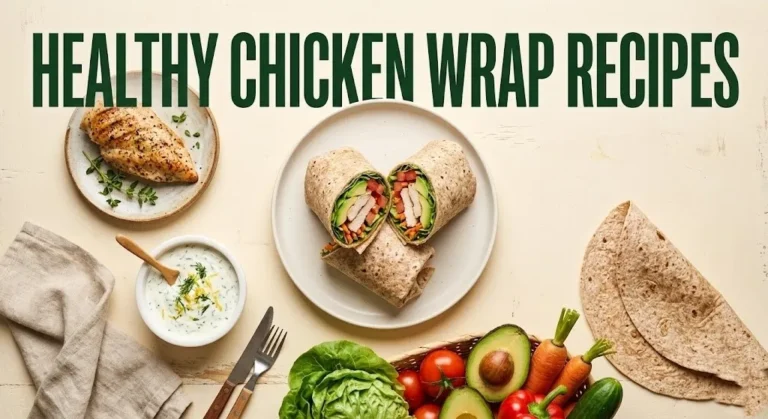 Sliced healthy chicken wrap with grilled chicken and vegetables, text healthy chicken wrap recipes.