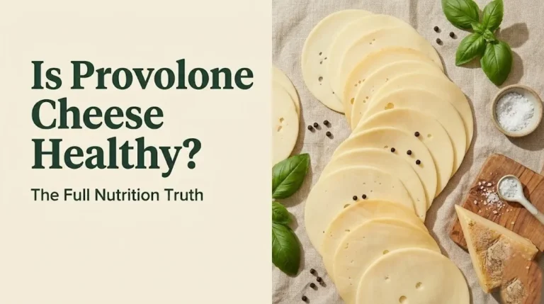Sliced provolone cheese with fresh herbs on a wooden board, titled Is Provolone Cheese Healthy in bold green text