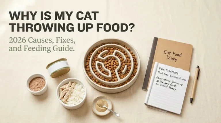 Slow feeder bowl with kibble, bland chicken and rice, limited ingredient cat food, and food diary. Headline reads Why Is My Cat Throwing Up Food
