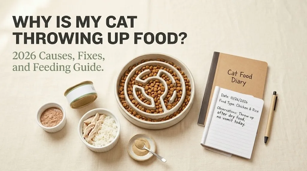 Slow feeder bowl with kibble, bland chicken and rice, limited ingredient cat food, and food diary. Headline reads Why Is My Cat Throwing Up Food