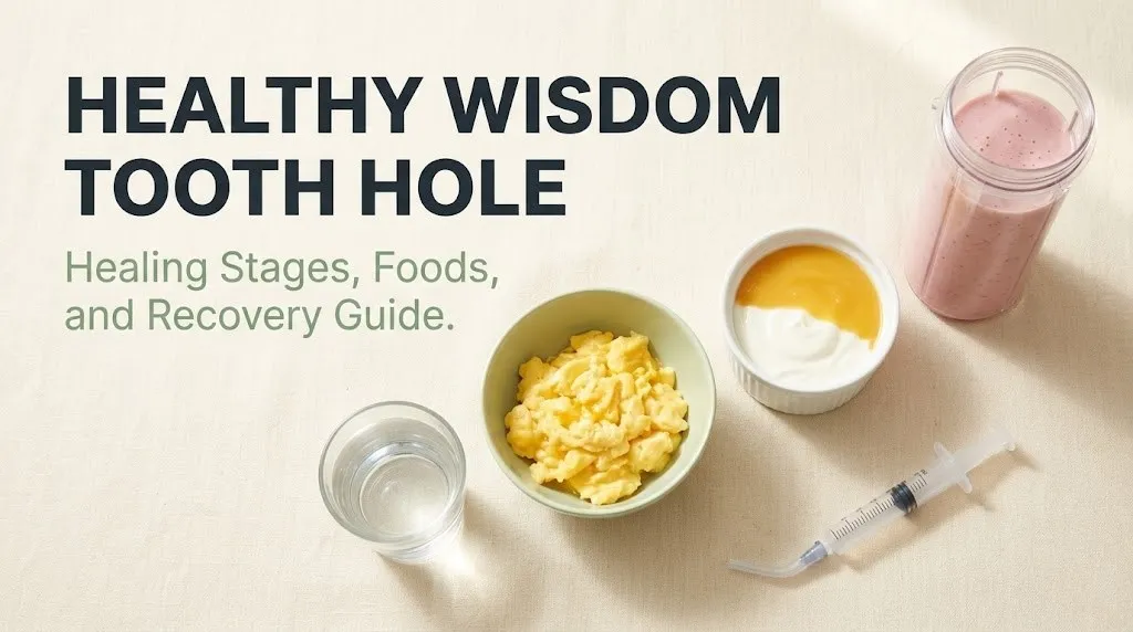 Soft foods for wisdom tooth healing including eggs, yogurt, smoothie, and water with irrigation syringe. Headline reads Healthy Wisdom Tooth Hole.
