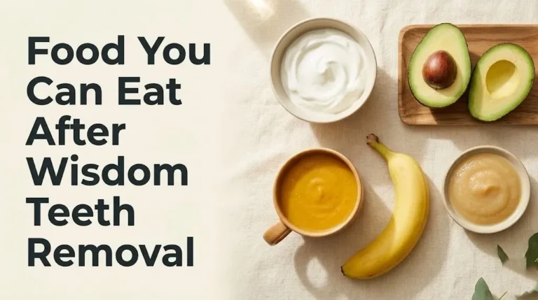 Soft foods you can eat after wisdom teeth removal yogurt, avocado, soup, banana, and applesauce arranged on a cream surface