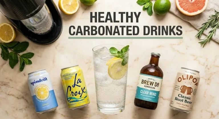 Sparkling water with lemon and mint, surrounded by Spindrift and citrus. Text reads Healthy Carbonated Drinks.