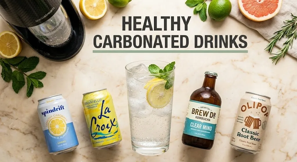 Sparkling water with lemon and mint, surrounded by Spindrift and citrus. Text reads Healthy Carbonated Drinks.