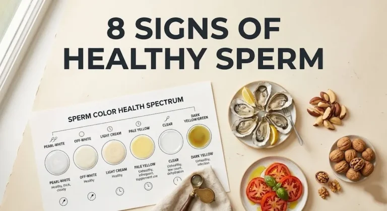 Sperm color chart with oysters, Brazil nuts, and tomatoes, text 8 signs of healthy sperm.