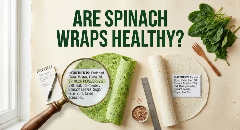Spinach wrap and white tortilla with a magnifying glass on the labels, asking are spinach wraps healthy.
