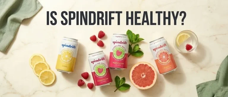 Spindrift sparkling water cans with fresh lemons, raspberries, and grapefruit, asking is Spindrift healthy.