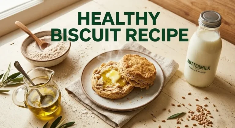 Split golden whole wheat biscuit with olive oil melting, surrounded by flour and buttermilk, text healthy biscuit recipe.