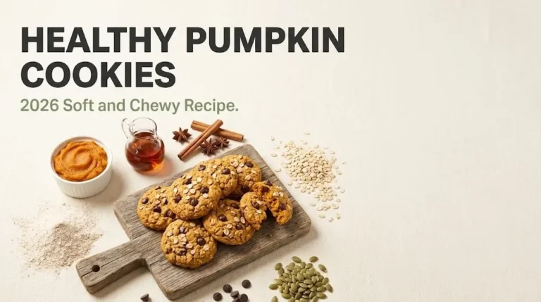 Stack of healthy pumpkin cookies with oats and chocolate chips surrounded by pumpkin puree, maple syrup, and spices. Headline reads Healthy Pumpkin Cookies.