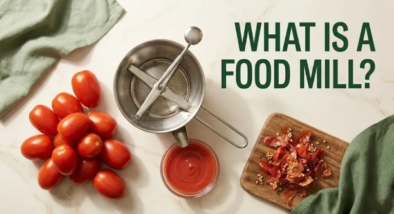 Stainless steel food mill with fresh tomatoes and smooth purée, explaining what is a food mill.