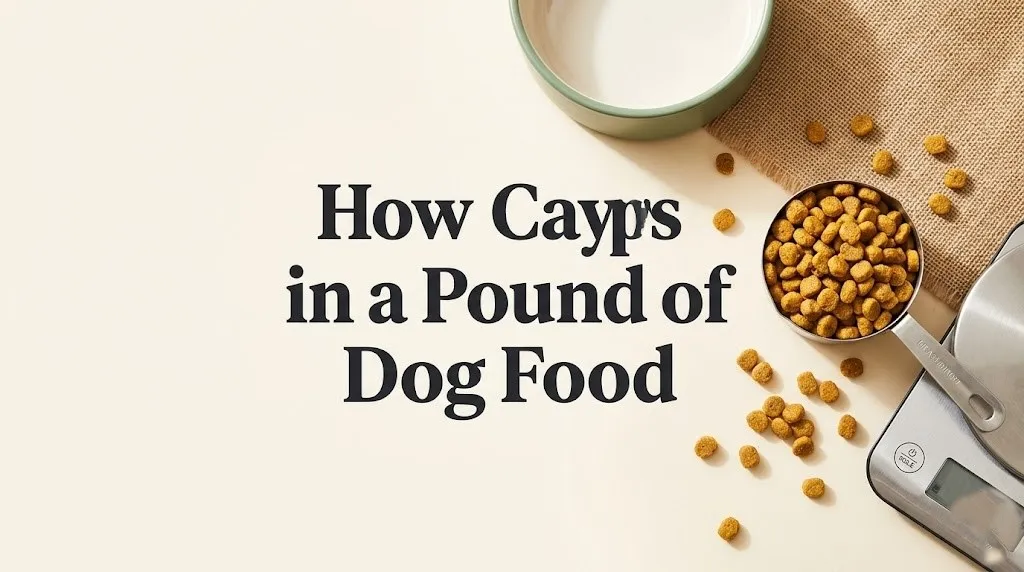 Standard measuring cup filled with dry dog food kibble beside a kitchen scale, showing how many cups in a pound of dog food.