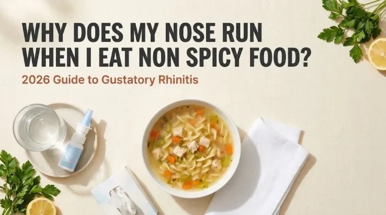Steaming chicken soup with tissue box, water glass, and nasal spray on linen. Headline reads Why Does My Nose Run When I Eat Non Spicy Food