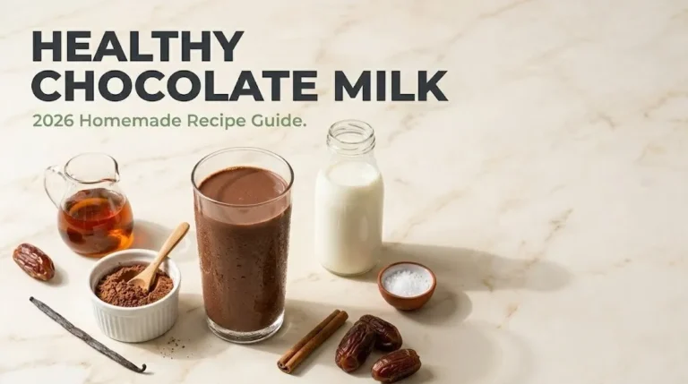 Tall glass of homemade chocolate milk with cocoa powder, maple syrup, milk, and dates on marble. Headline reads Healthy Chocolate Milk.