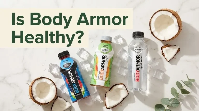 Three BODYARMOR drink bottles with coconut halves and ice on a white surface, text reads Is Body Armor Healthy