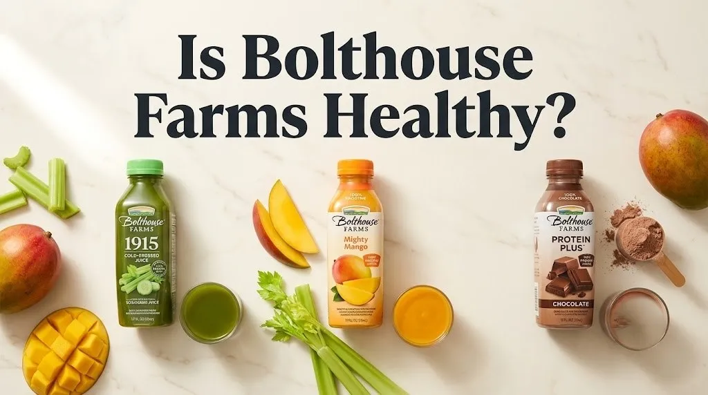Three Bolthouse Farms bottles with poured glasses displayed under the headline Is Bolthouse Farms Healthy.