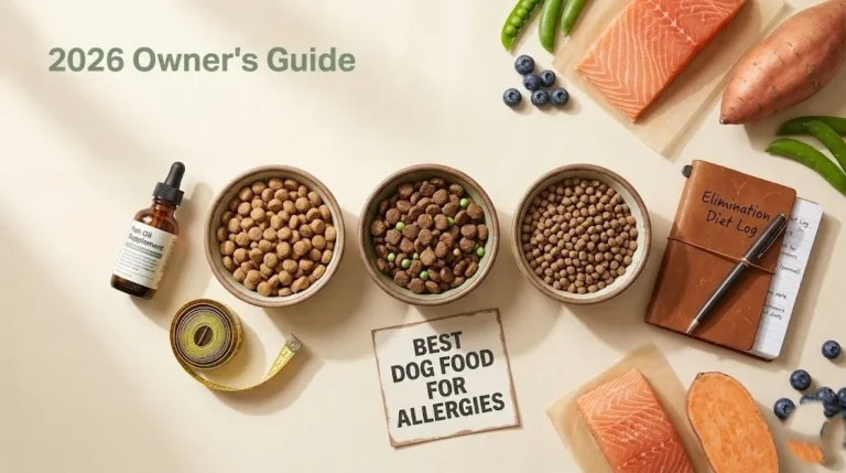 Three bowls of allergy-friendly dog food with fish oil supplement and elimination diet log. Headline reads Best Dog Food for Allergies.