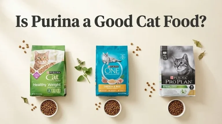 Three tiers of Purina cat food bags with kibble bowls displayed under the headline Is Purina a Good Cat Food.