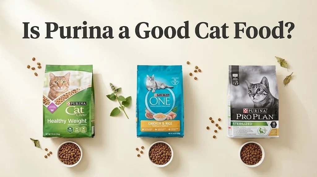 Three tiers of Purina cat food bags with kibble bowls displayed under the headline Is Purina a Good Cat Food.