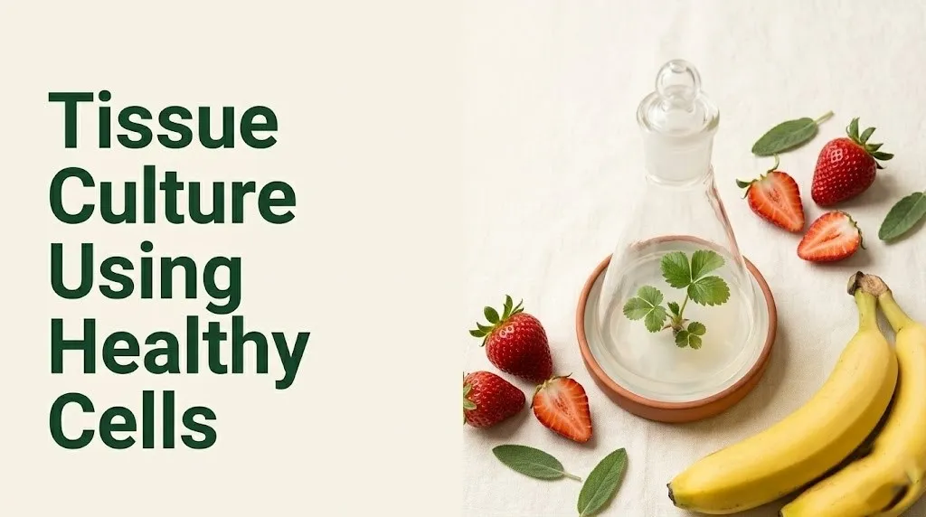 Tissue culture using healthy cells shown as a strawberry plantlet growing in sterile agar flask beside fresh fruit on linen