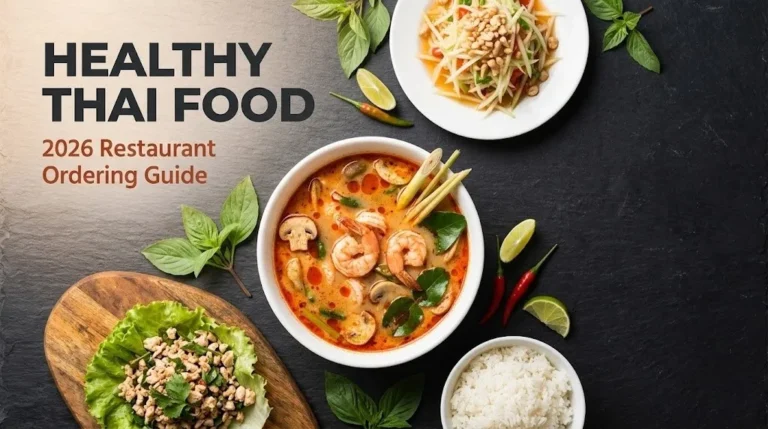 Tom Yum soup, Som Tam, and Larb Gai on dark slate with fresh Thai herbs and limes. Headline reads Healthy Thai Food.