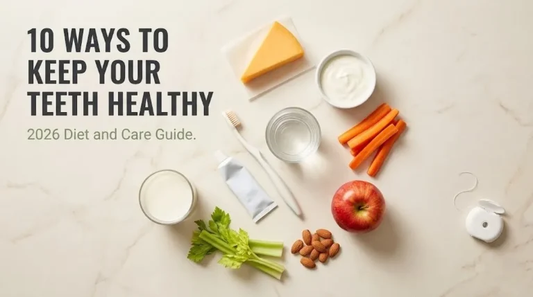 Toothbrush with toothpaste, floss, and tooth-friendly foods including cheese, yogurt, carrots, apple, almonds, and milk. Headline reads 10 Ways to Keep Your Teeth Healthy.