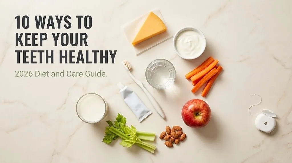 Toothbrush with toothpaste, floss, and tooth-friendly foods including cheese, yogurt, carrots, apple, almonds, and milk. Headline reads 10 Ways to Keep Your Teeth Healthy.