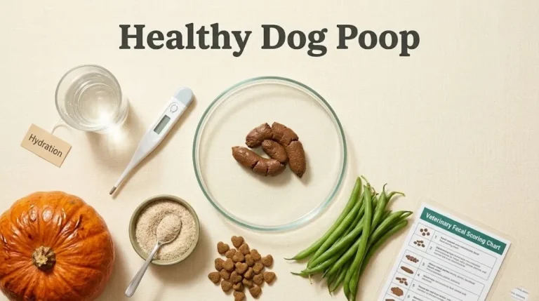 Top-down view of a petri dish with a healthy dog stool sample surrounded by pumpkin, kibble, and a fecal chart, with the title Healthy Dog Poop above.