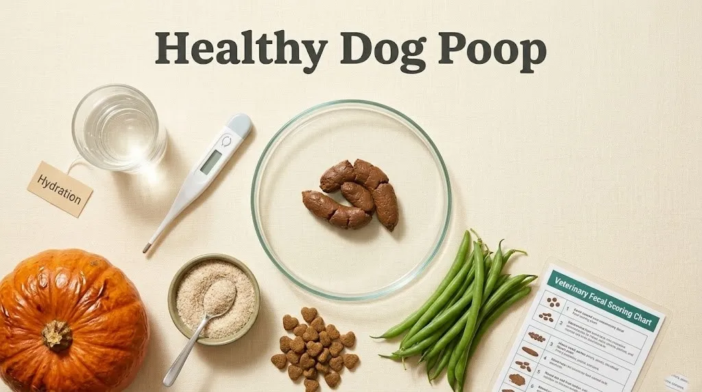 Top-down view of a petri dish with a healthy dog stool sample surrounded by pumpkin, kibble, and a fecal chart, with the title Healthy Dog Poop above.