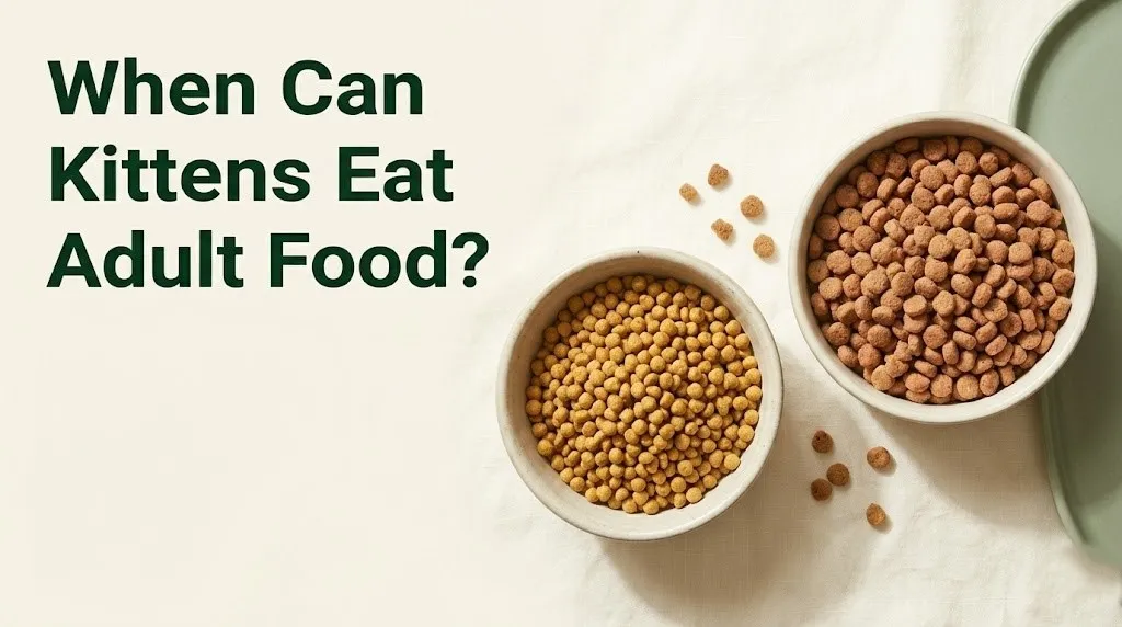 Two bowls of cat food side by side showing kitten food vs adult food, illustrating when can kittens eat adult food