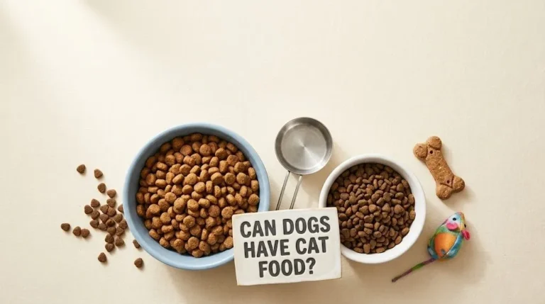 Two bowls of dog food and cat food with measuring cup and sign reading Can Dogs Have Cat Food