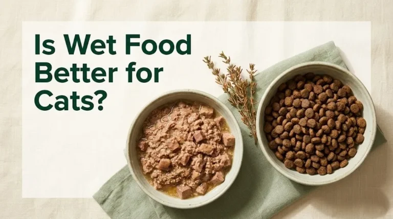 Two bowls of wet and dry cat food on a cream surface with the text Is Wet Food Better for Cats displayed prominently.