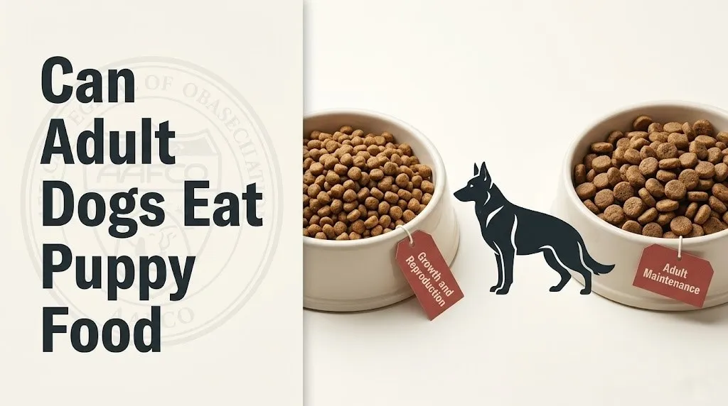 Two dog food bowls labeled growth and adult maintenance, with AAFCO seal watermark, asking can adult dogs eat puppy food.