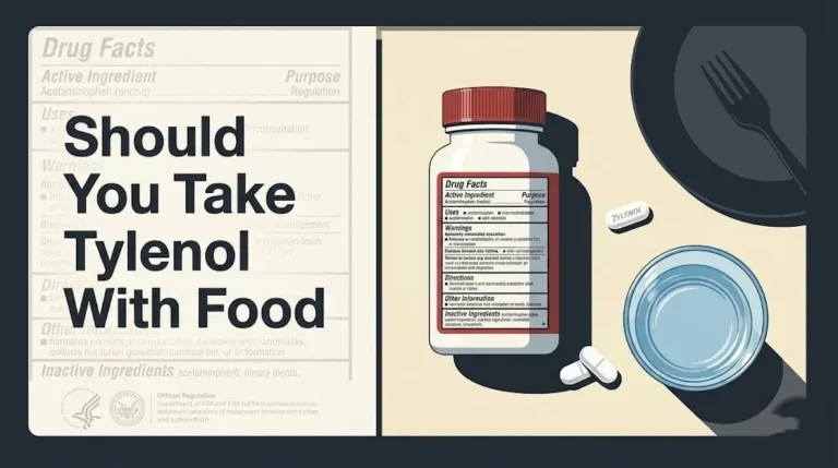 Tylenol bottle with Drug Facts panel visible and caplets on a clean surface, asking should you take Tylenol with food for 2026.